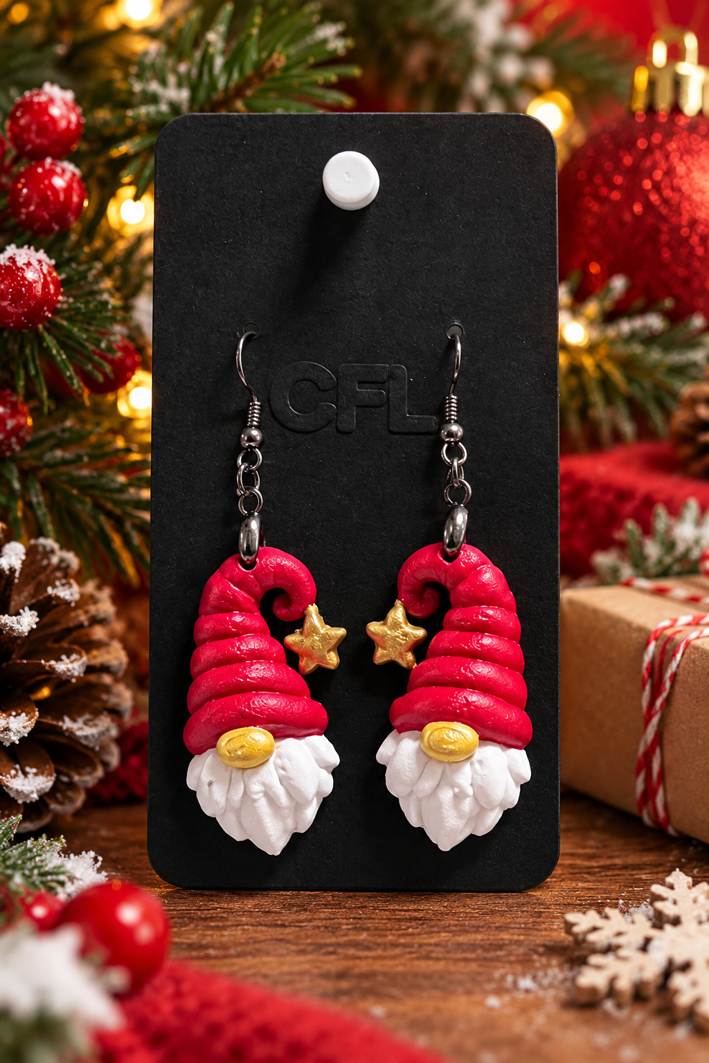 Pendientes navideños de gnomo con gorro rojo y estrella dorada, pintados a mano