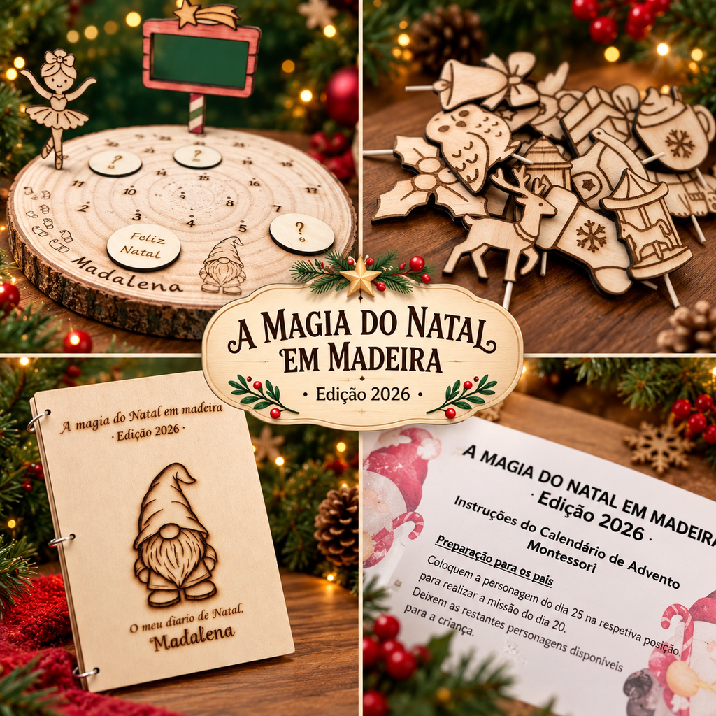 Calendario de Adviento Montessori de madera, versión en portugués: base, figuras, diario personalizado e instrucciones