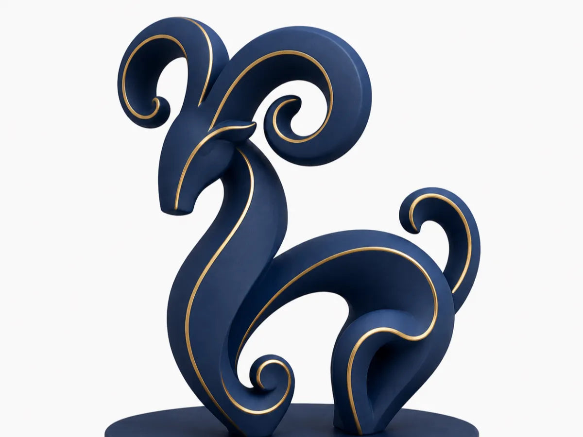 Figura del signo de Capricornio impresa en 3D: cabra marina con cuernos en espiral