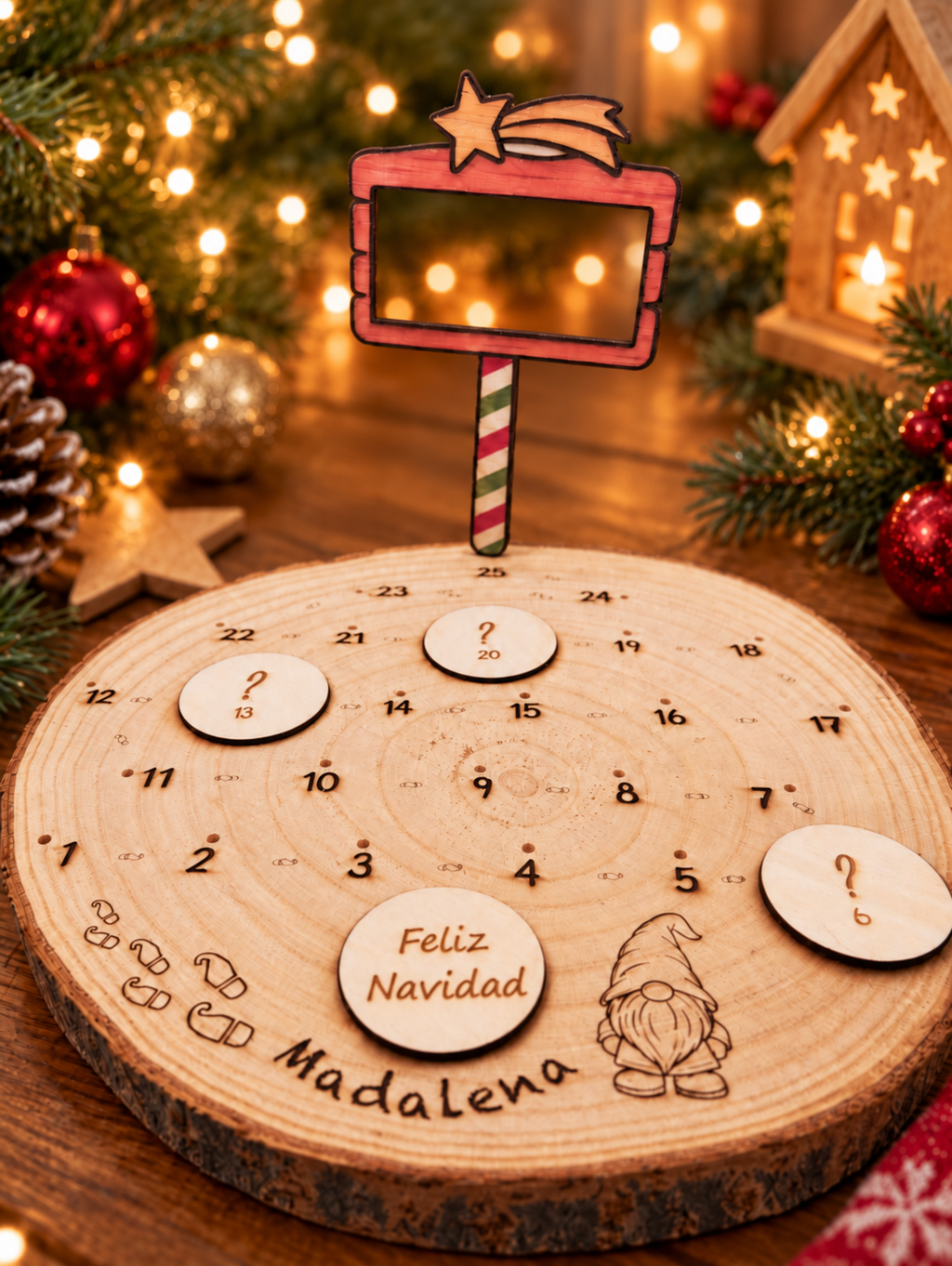 Base redonda de madera del calendario de Adviento con los días del 1 al 25, cartel y nombre personalizado grabado