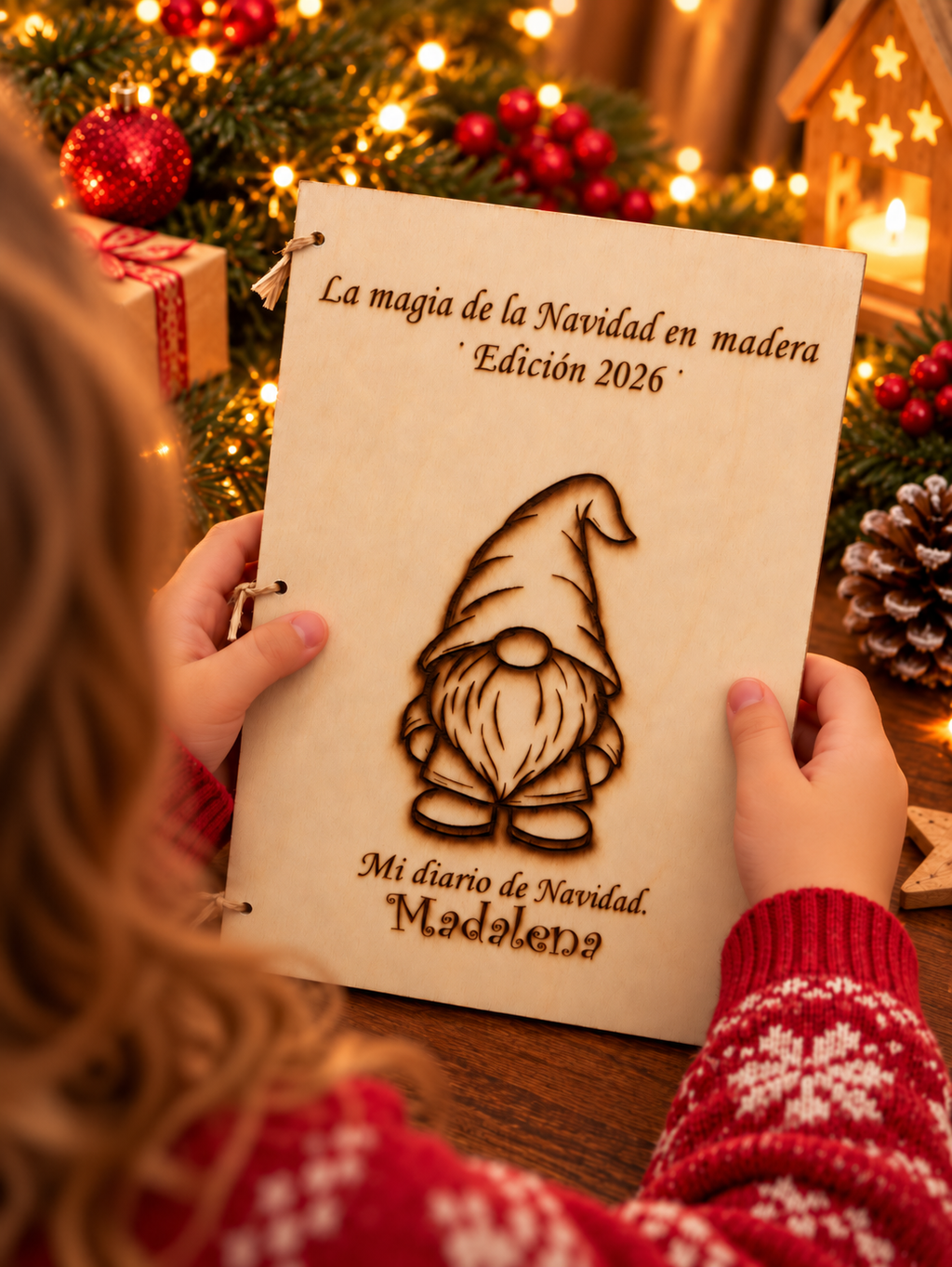 Niña sosteniendo el diario de Navidad de madera con gnomo grabado y su nombre personalizado