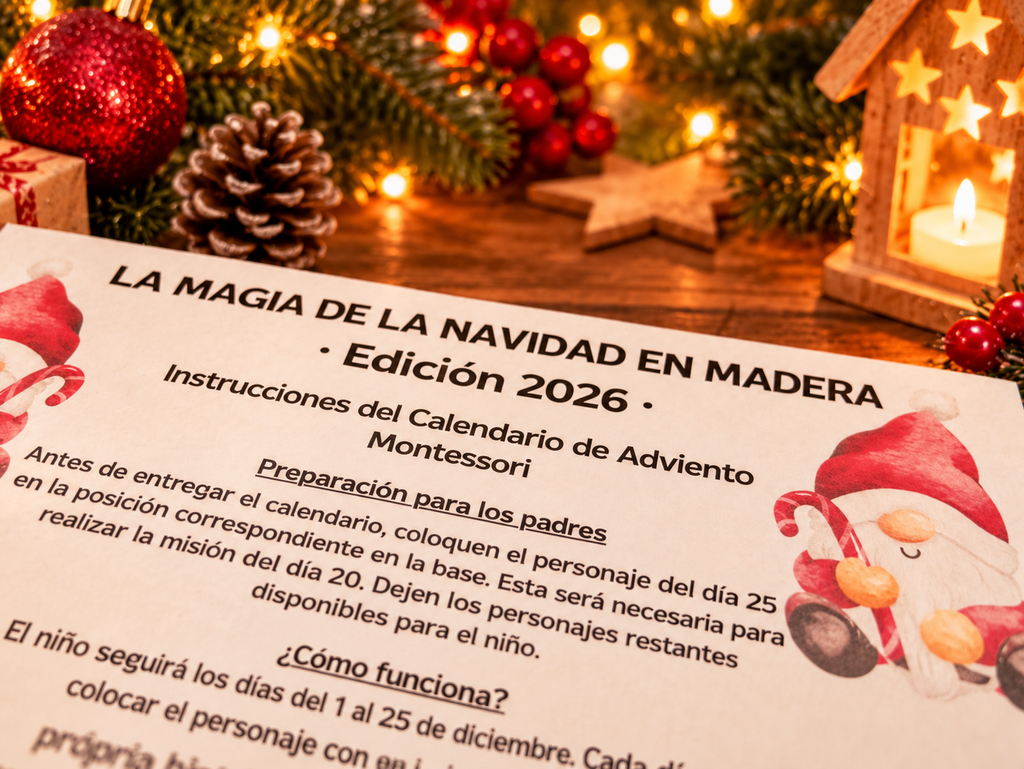 Hoja de instrucciones en español del calendario de Adviento Montessori La magia de la Navidad en madera 2026