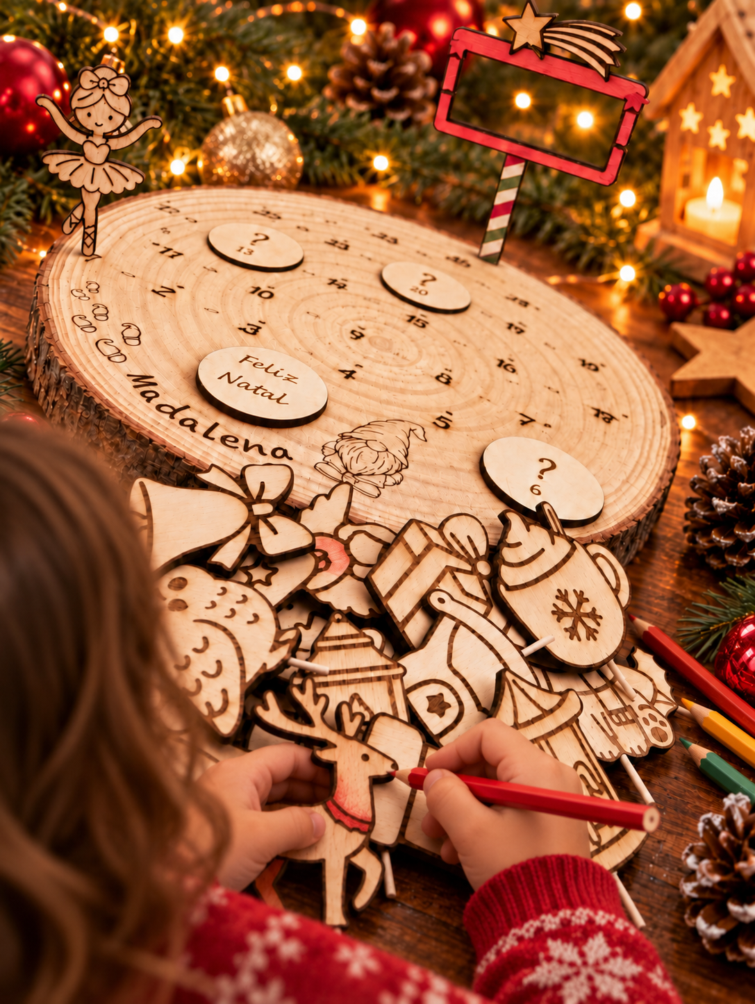 Niña pintando las figuras de madera del calendario de Adviento Montessori personalizado