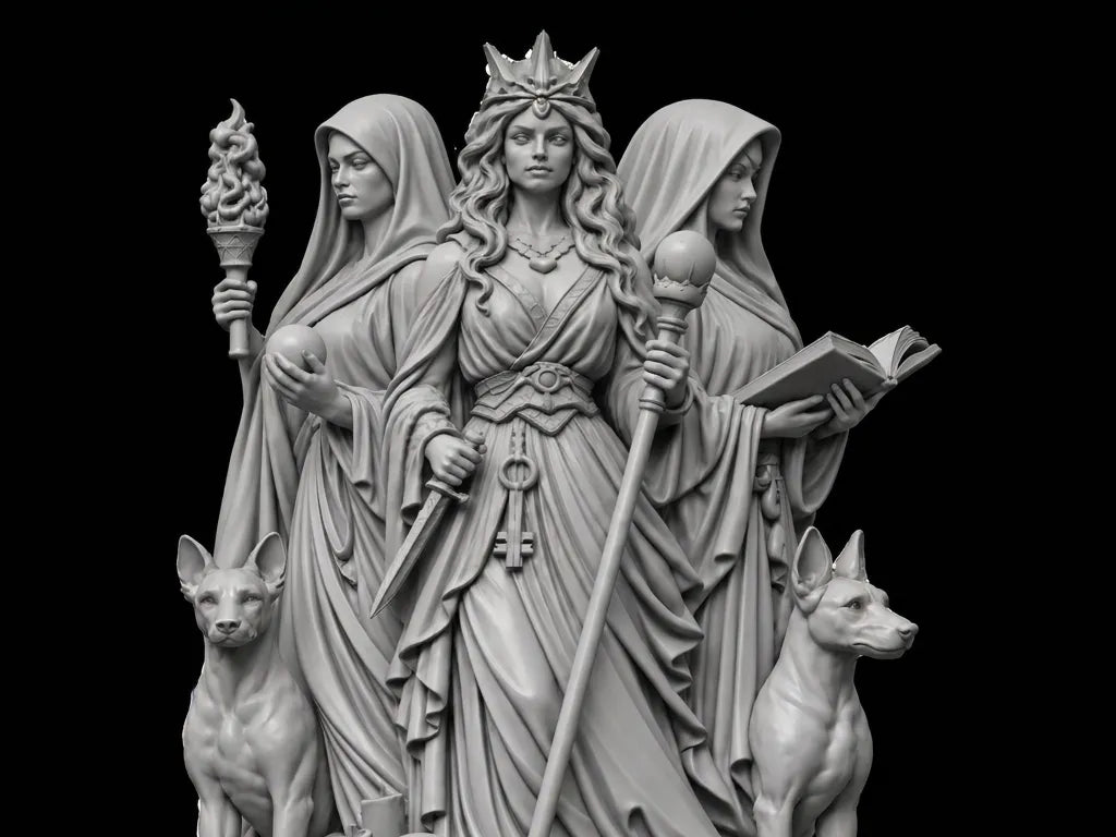 Figura de Hécate de triple rostro con detalles rituales, impresa en 3D