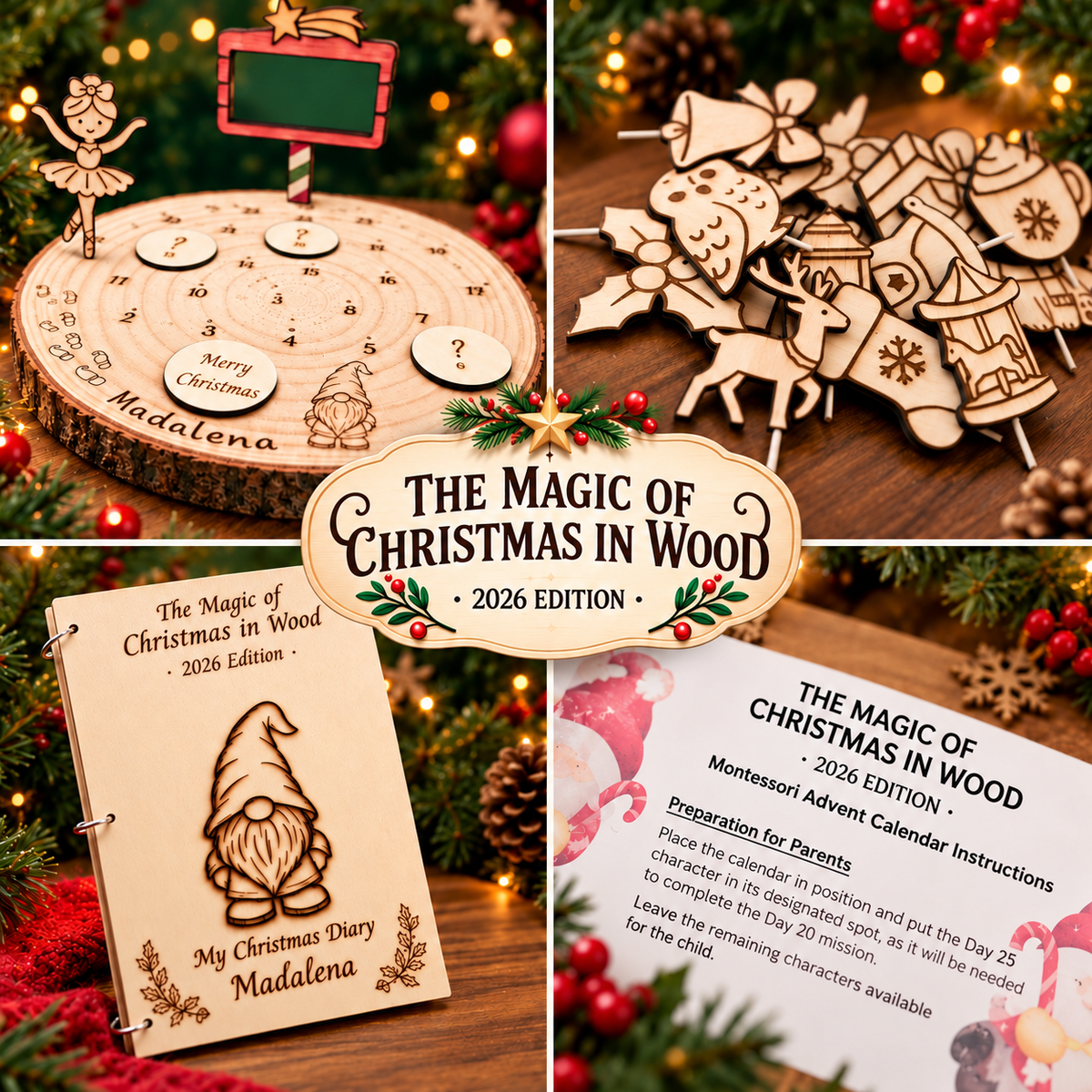 Calendario de Adviento Montessori de madera personalizado con nombre: base, figuras, diario e instrucciones