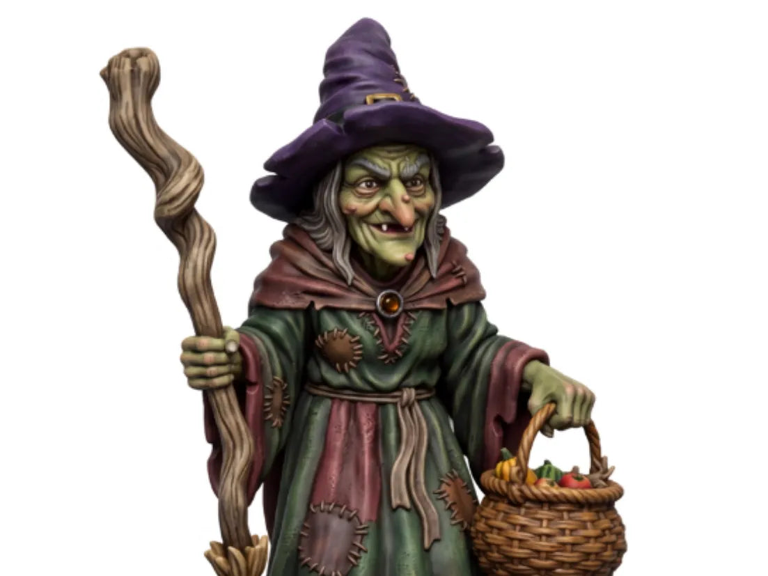 Figura de bruja de cuento con capa y bastón impresa en 3D
